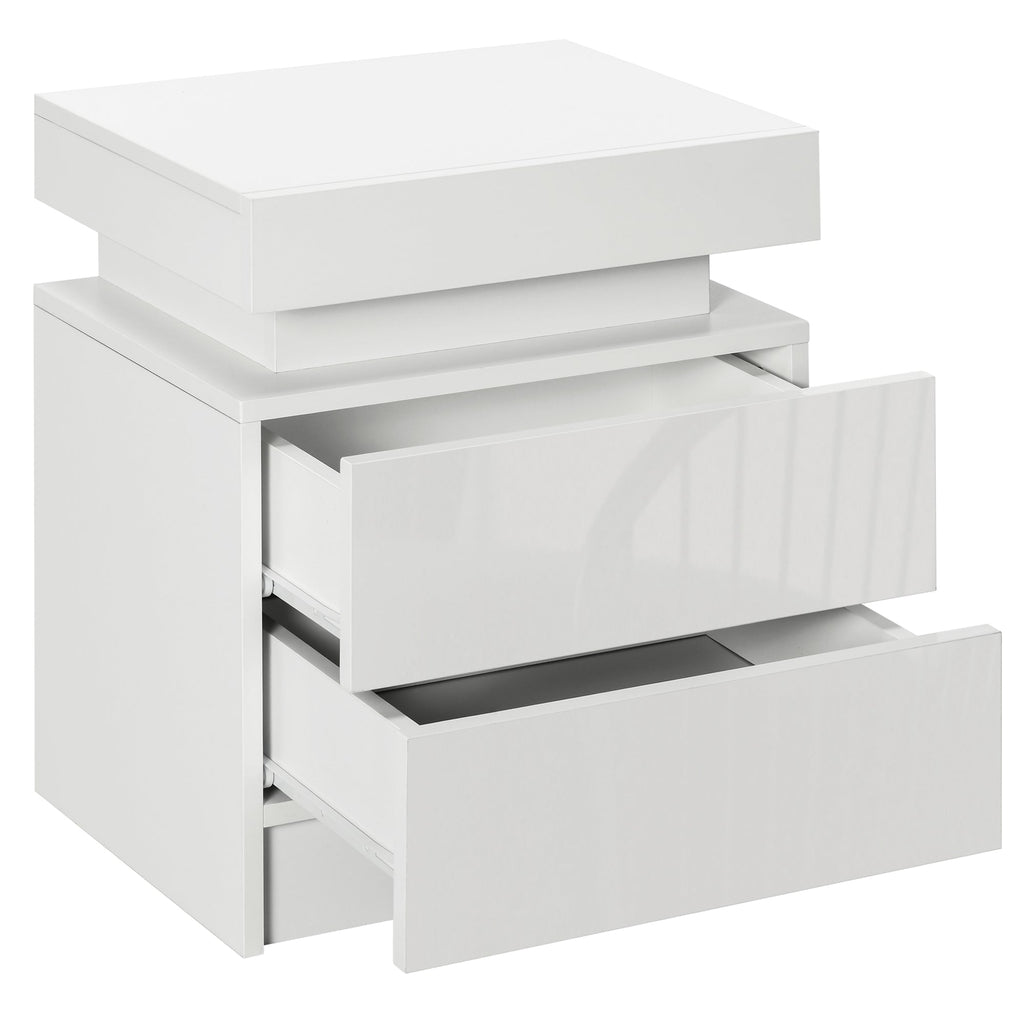 Nightstand, Bedside Table with LED Lights and 2 Drawers for Bedroom, Living Room, White