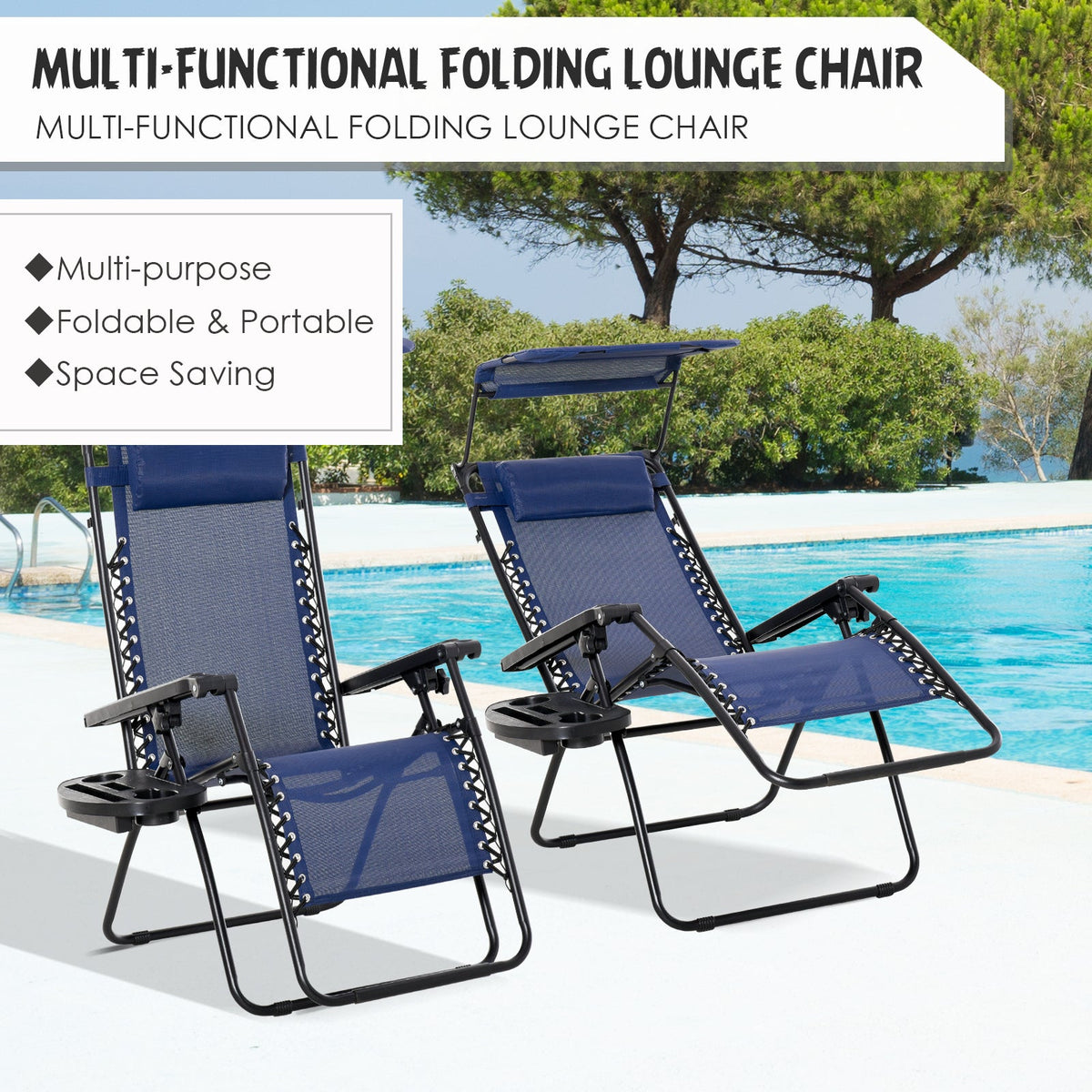 2 Piece Foldable Lounge Chair with Canopy Shade, Outdoor Zero Gravity Chair w/ Side Tray & Cup Holder, Reclining Lounger w/ Breathable Mesh Fabric Seat, Pillow, Sky Blue