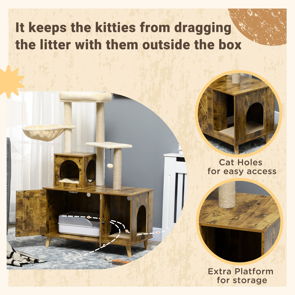 Litter Box Enclosure with Cat Tree Tower, Hidden Cat Washroom Furniture with Condo, Scratching Posts, Large Platform, Hammock and Soft Cushion, Rustic Brown