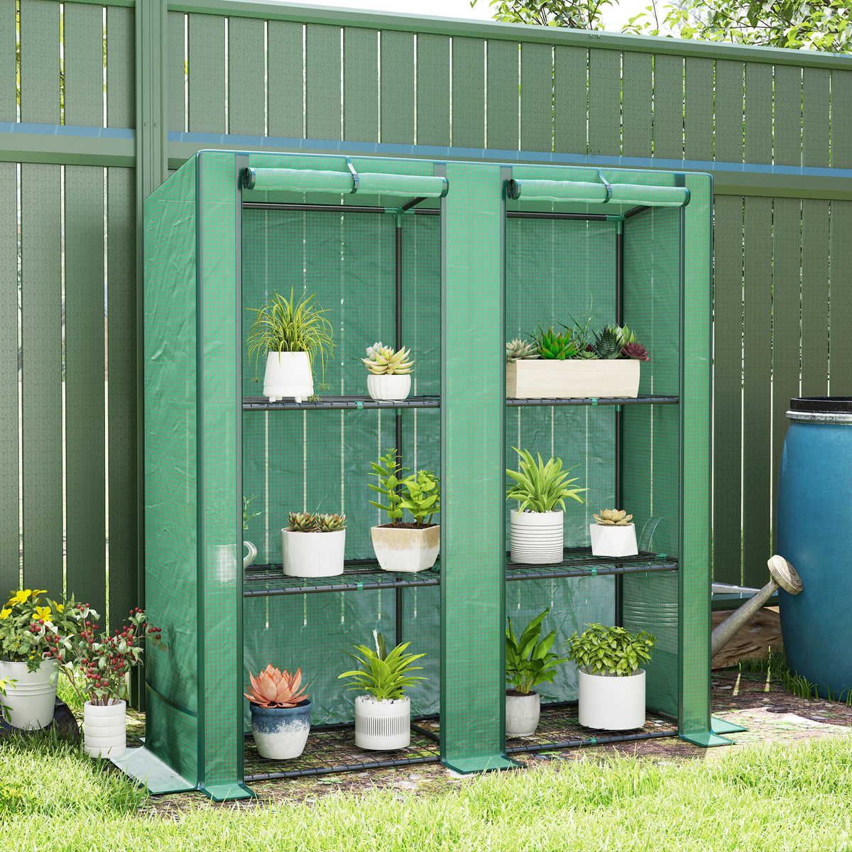 Mini Greenhouse with 3 Tier Shelves, 3 Roll-Up Doors for Indoor Outdoor, Green