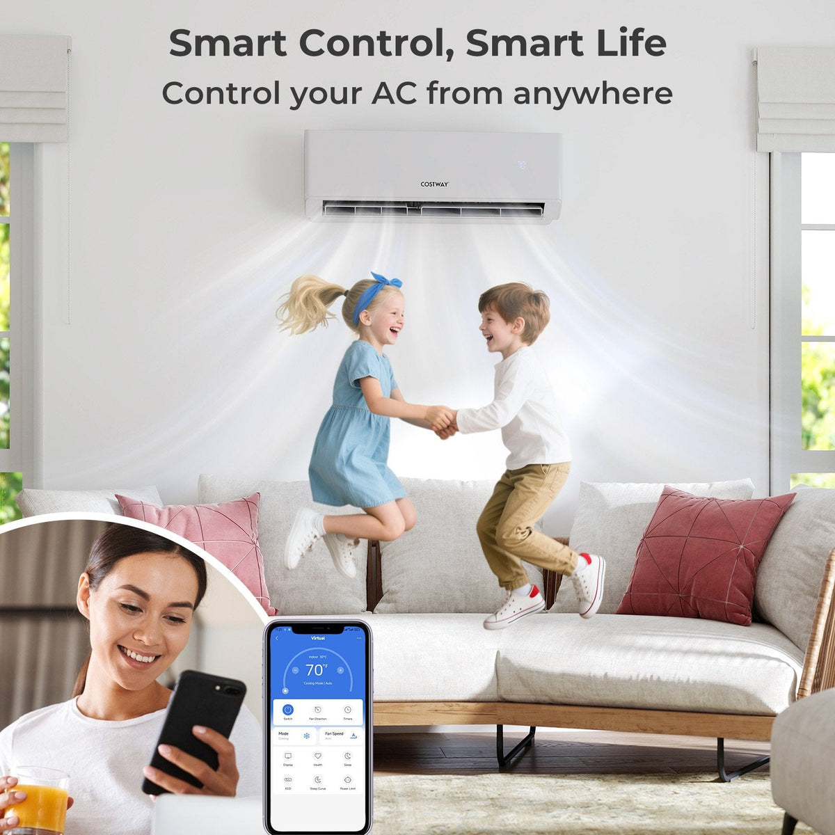 UltrEco Series 18,000 BTU 2 Zone Mini Split Heat Pump with WiFi, 22 SEER2, 7K + 7K