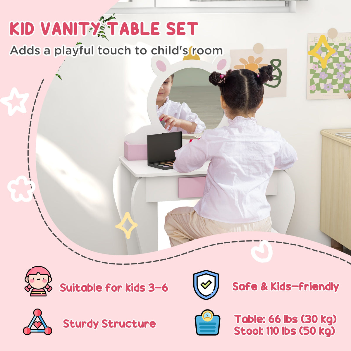 Kids Makeup Vanity Set with Stool, Mirror, Drawer, Storage Boxes, Unicorn Design, White