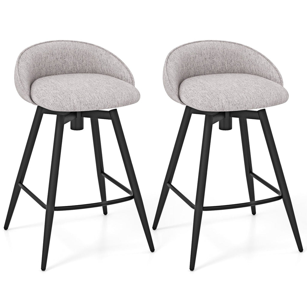 Set of 2 Swivel Counter Stools with Wrap Around Linen Backs in Grey