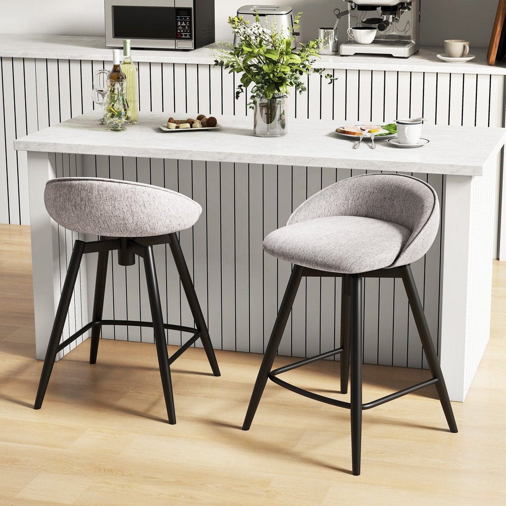 Set of 2 Swivel Counter Stools with Wrap Around Linen Backs in Grey