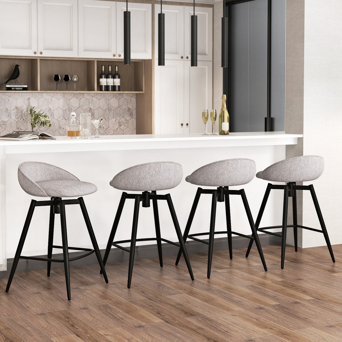 Set of 2 Swivel Counter Stools with Wrap Around Linen Backs in Grey
