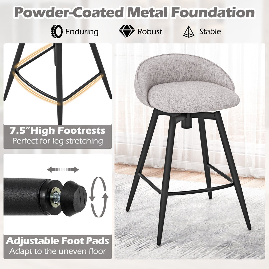 Set of 2 Swivel Counter Stools with Wrap Around Linen Backs in Grey