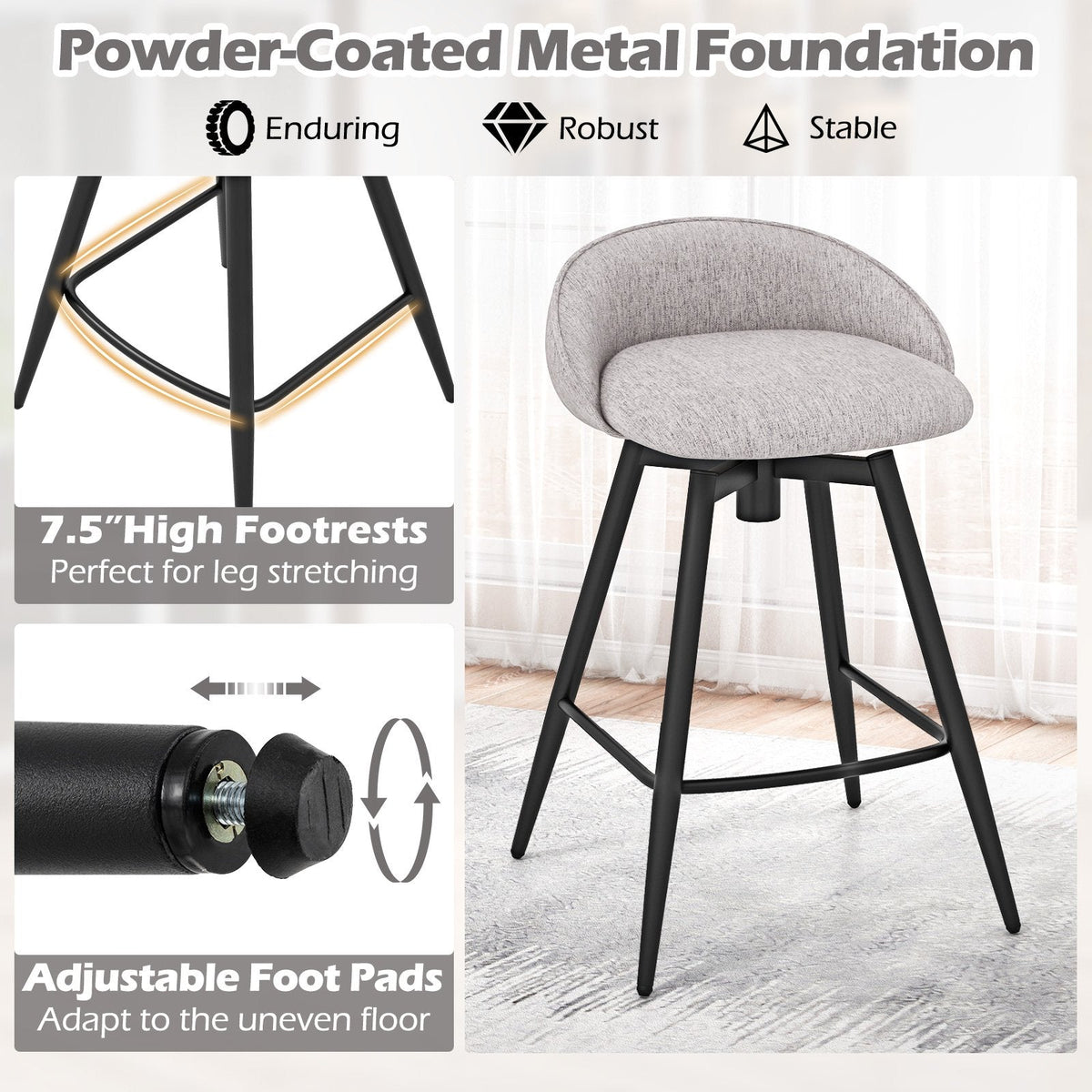 Set of 2 Swivel Counter Stools with Wrap Around Linen Backs in Grey