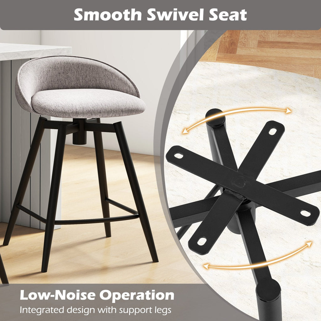 Set of 2 Swivel Counter Stools with Wrap Around Linen Backs in Grey