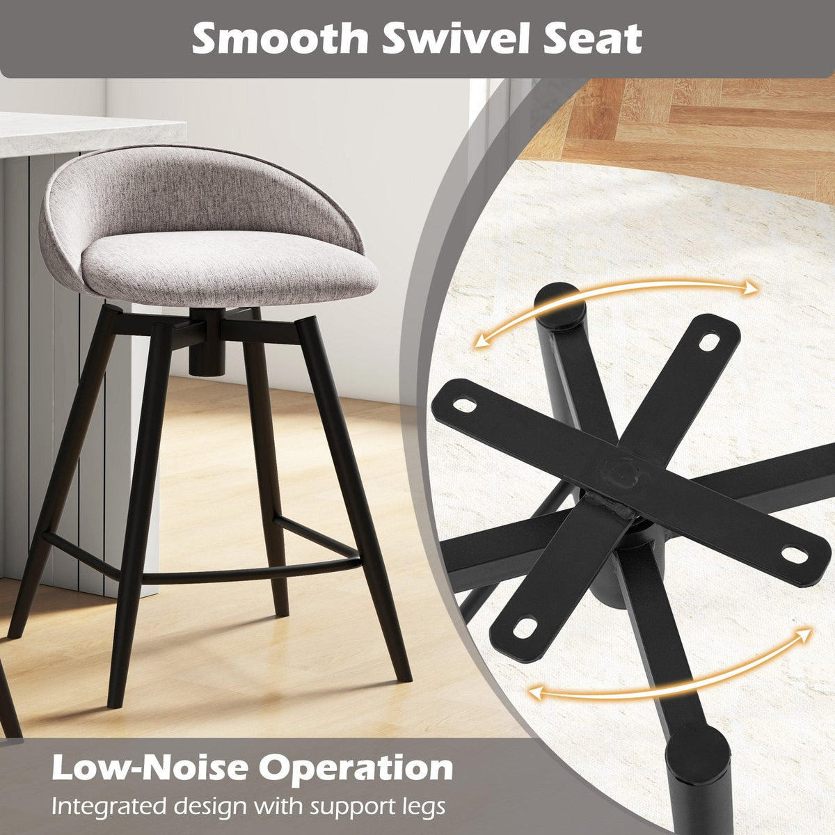 Set of 2 Swivel Counter Stools with Wrap Around Linen Backs in Grey