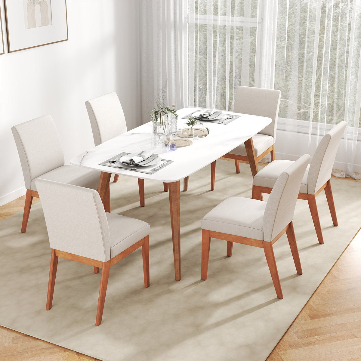 Set of 2 Parsons Dining Chairs with 4 Inch Thick Seat, Beige Faux Linen