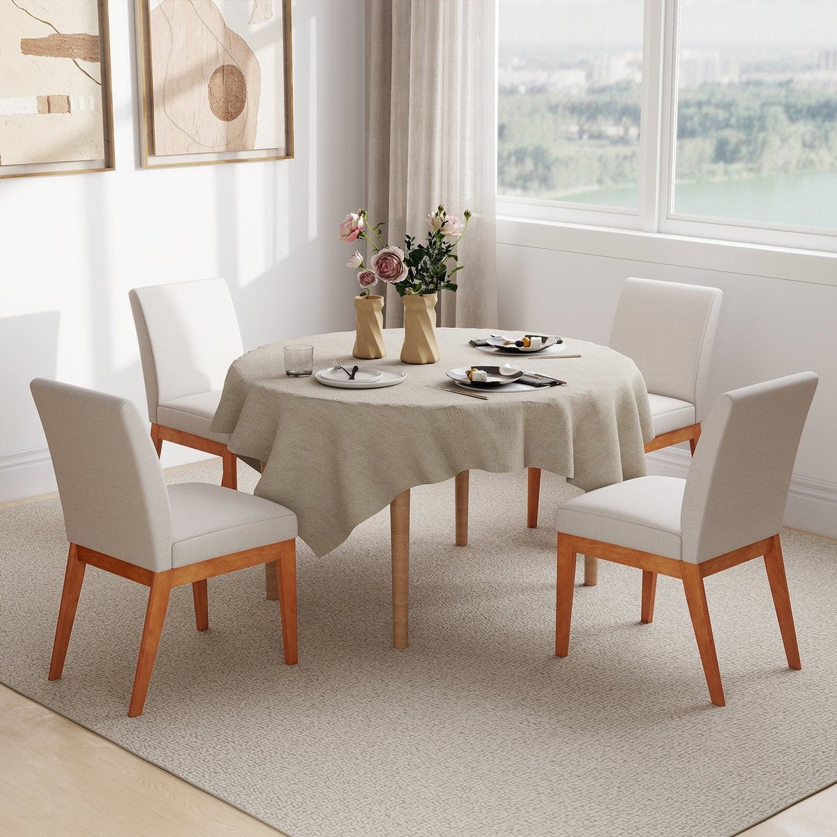 Set of 2 Parsons Dining Chairs with 4 Inch Thick Seat, Beige Faux Linen