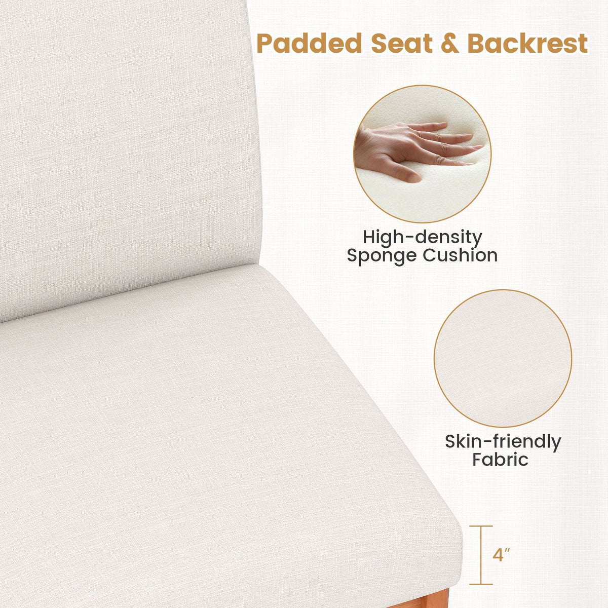 Set of 2 Parsons Dining Chairs with 4 Inch Thick Seat, Beige Faux Linen