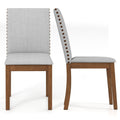 Set of 2 Nailhead Trimmed Dining Chairs, Grey Faux Linen with Walnut Rubber Wood Legs