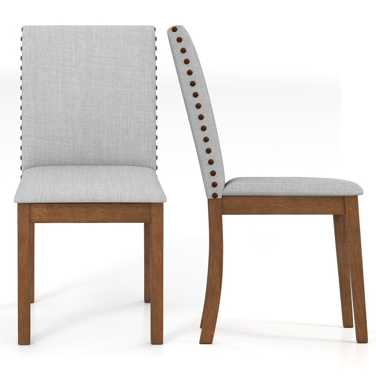 Set of 2 Nailhead Trimmed Dining Chairs, Grey Faux Linen with Walnut Rubber Wood Legs