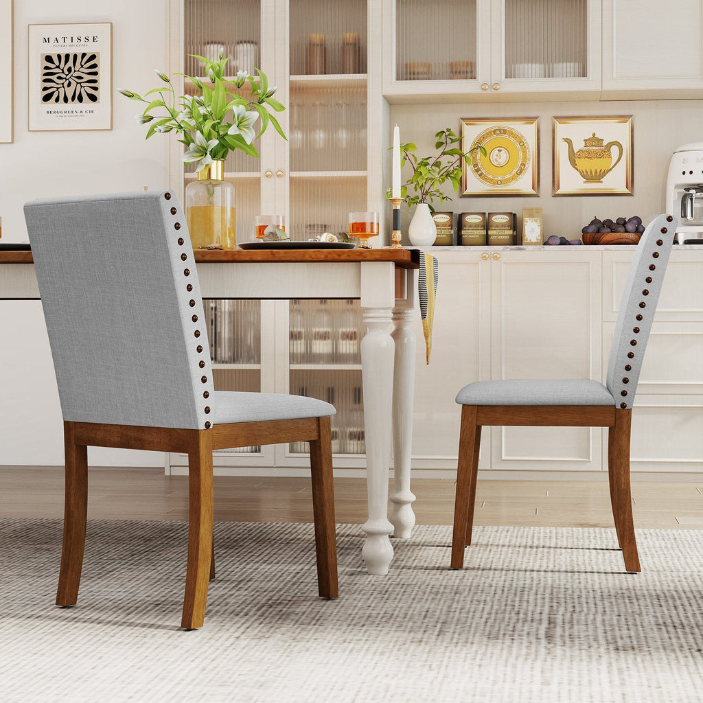 Set of 2 Nailhead Trimmed Dining Chairs, Grey Faux Linen with Walnut Rubber Wood Legs
