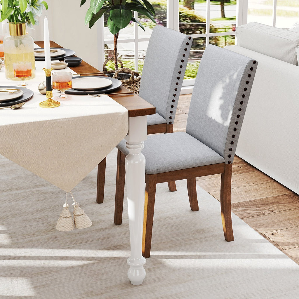 Set of 2 Nailhead Trimmed Dining Chairs, Grey Faux Linen with Walnut Rubber Wood Legs