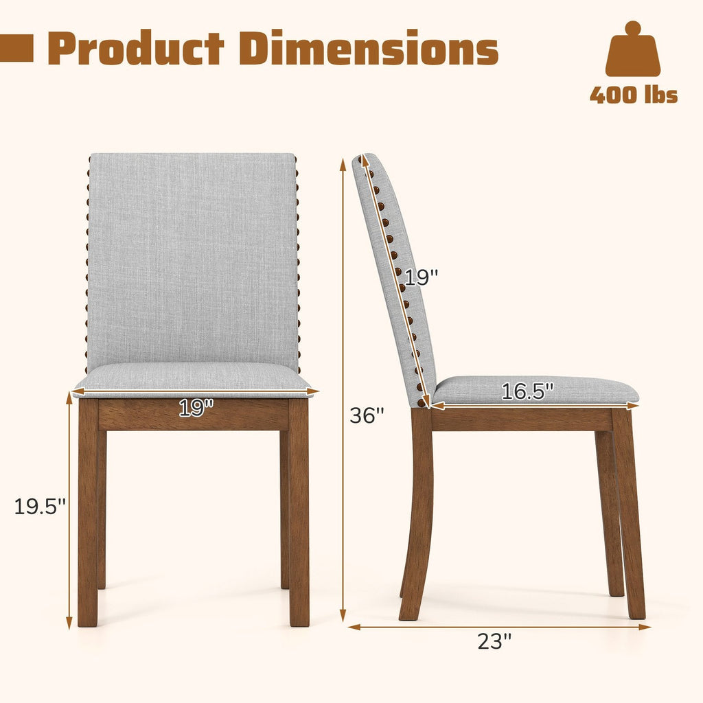 Set of 2 Nailhead Trimmed Dining Chairs, Grey Faux Linen with Walnut Rubber Wood Legs