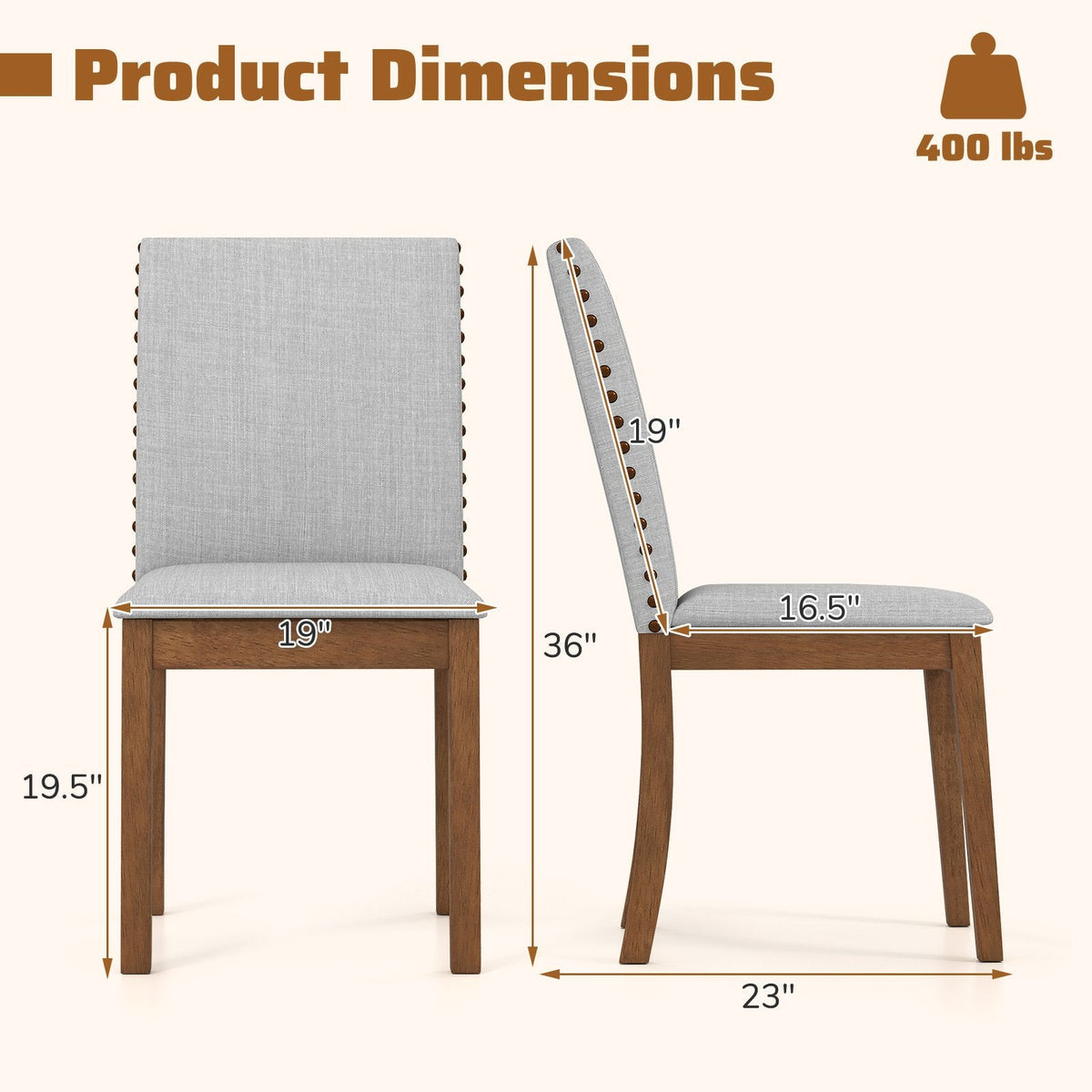 Set of 2 Nailhead Trimmed Dining Chairs, Grey Faux Linen with Walnut Rubber Wood Legs