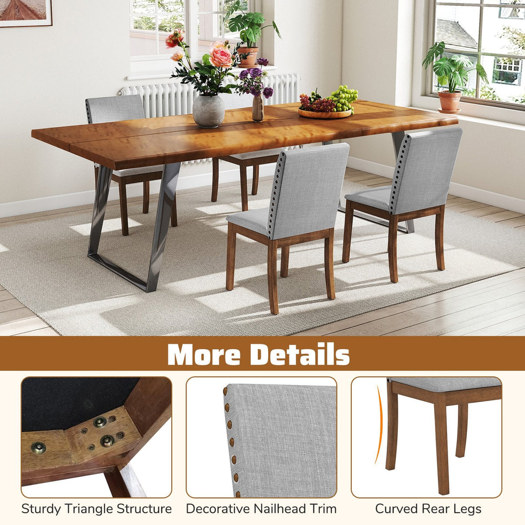 Set of 2 Nailhead Trimmed Dining Chairs, Grey Faux Linen with Walnut Rubber Wood Legs