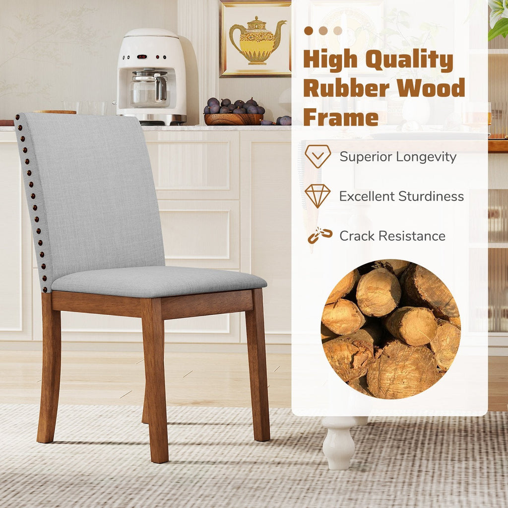Set of 2 Nailhead Trimmed Dining Chairs, Grey Faux Linen with Walnut Rubber Wood Legs