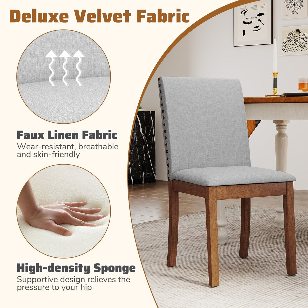 Set of 2 Nailhead Trimmed Dining Chairs, Grey Faux Linen with Walnut Rubber Wood Legs