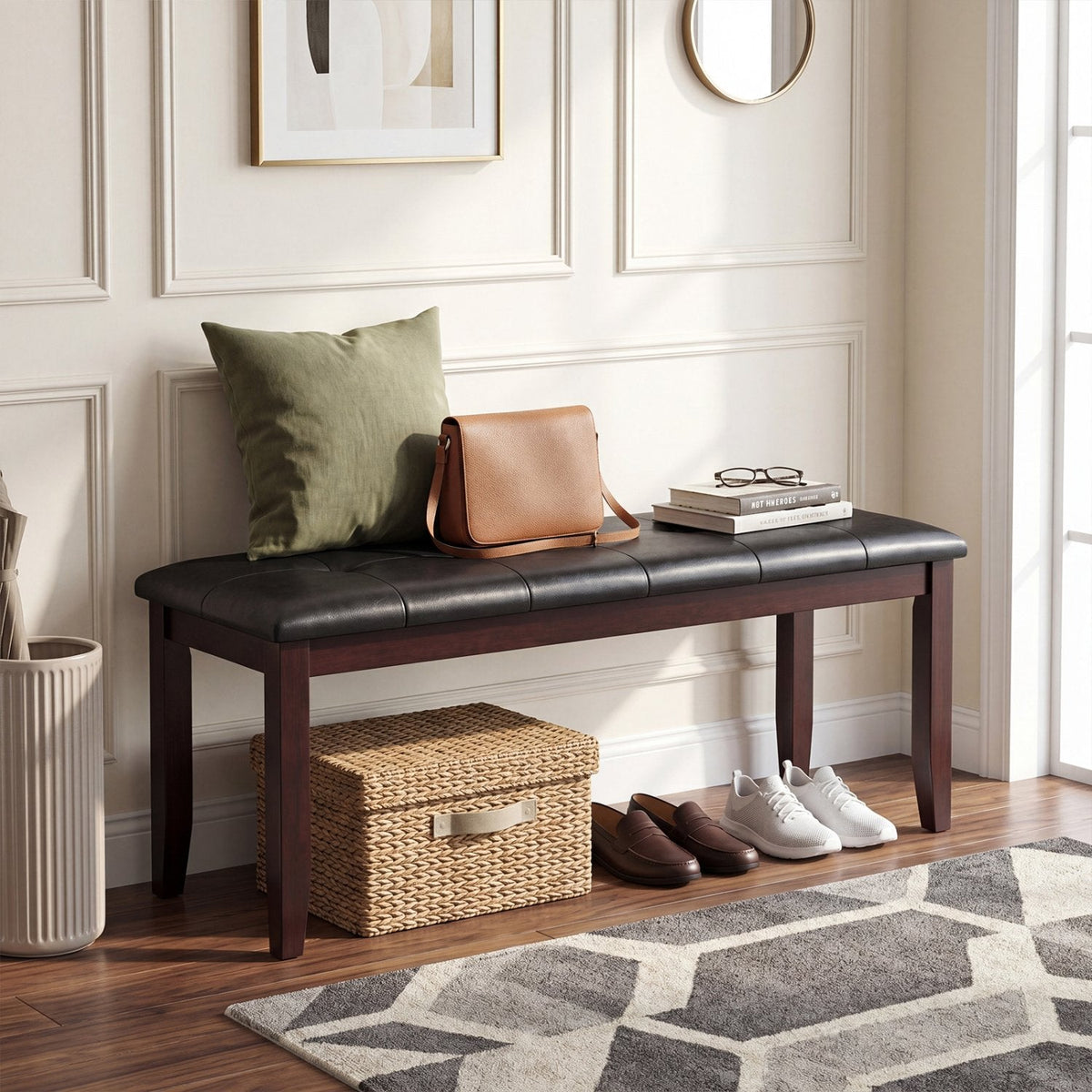 Upholstered Dining Room PU Bench Solid Wood Button Tufted-Brown
