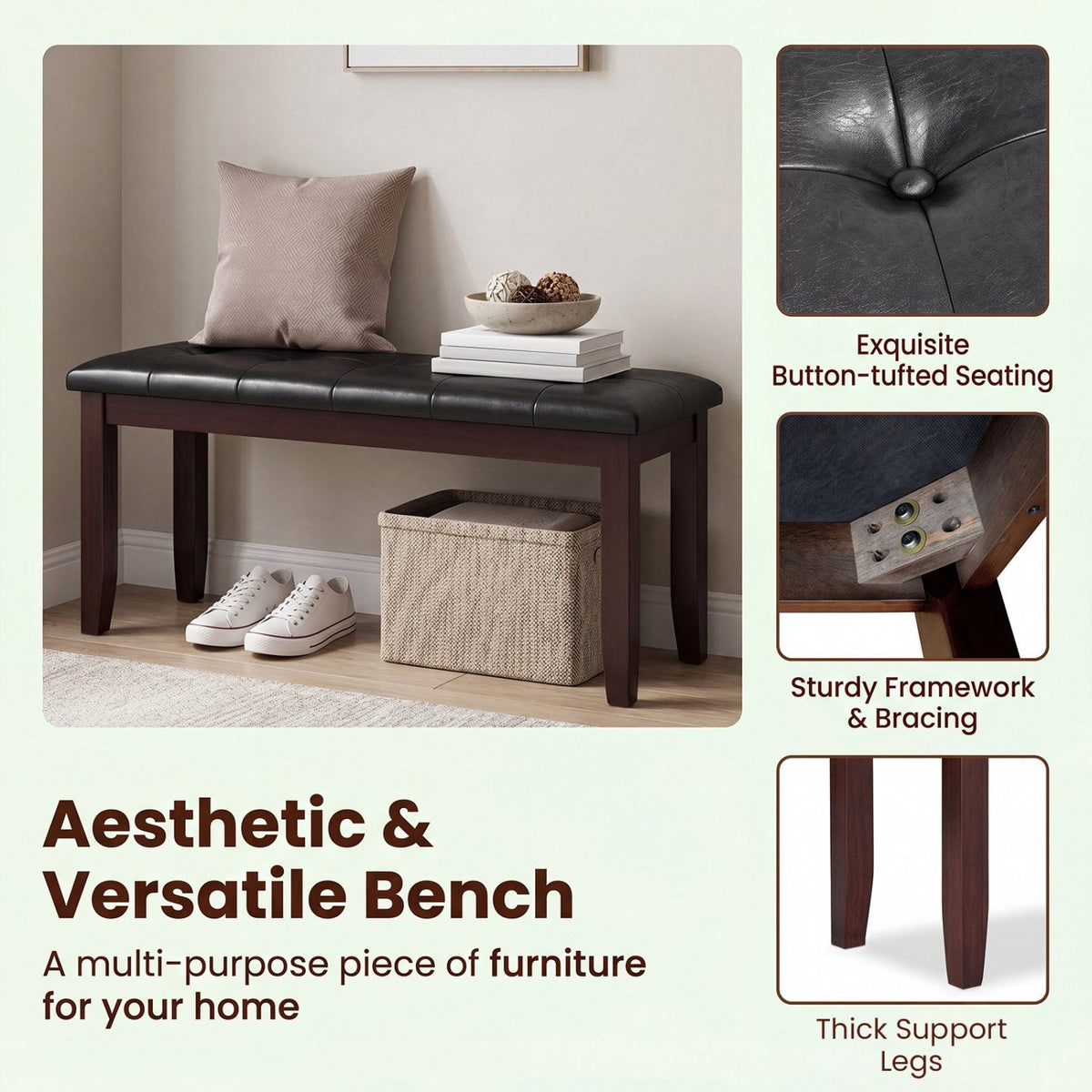 Upholstered Dining Room PU Bench Solid Wood Button Tufted-Brown