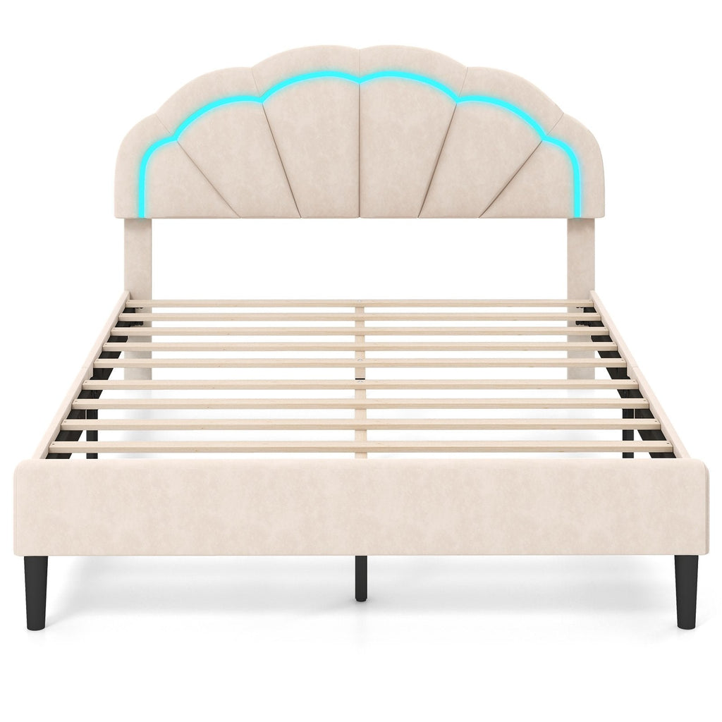 Upholstered LED Bed Frame with Adjustable Flower Headboard and Metal Support Feet-Queen Size