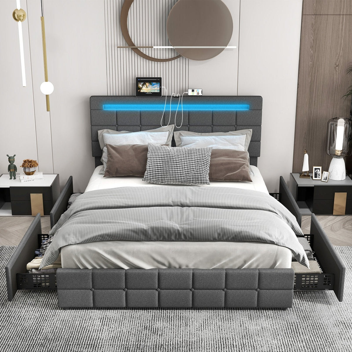 Queen Upholstered LED Bed with 4 Rolling Drawers and Charging Station