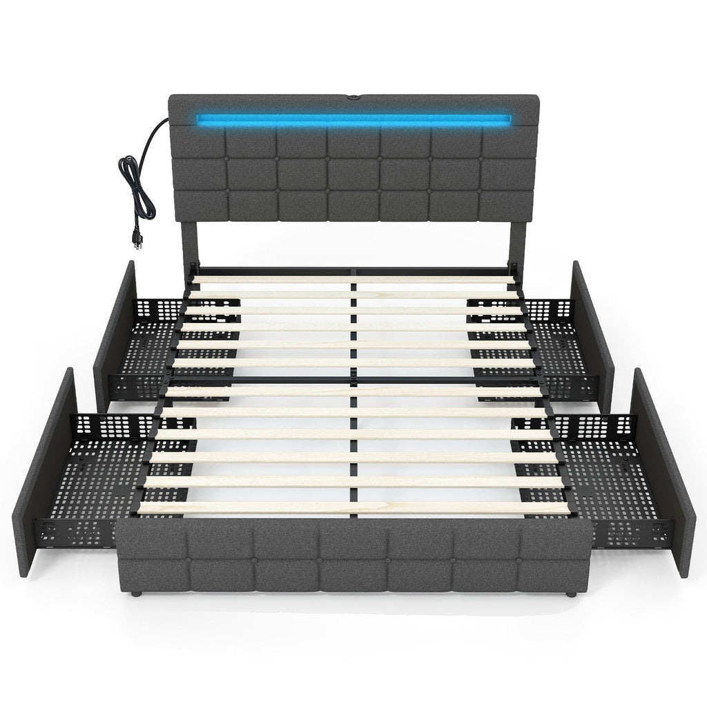 Queen Upholstered LED Bed with 4 Rolling Drawers and Charging Station