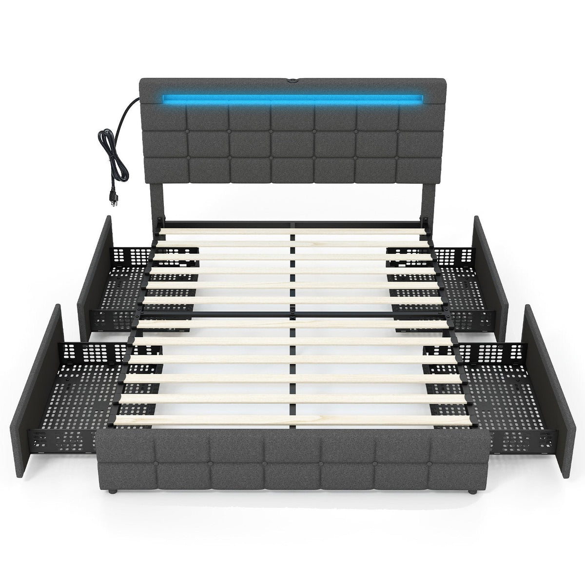 Queen Upholstered LED Bed with 4 Rolling Drawers and Charging Station