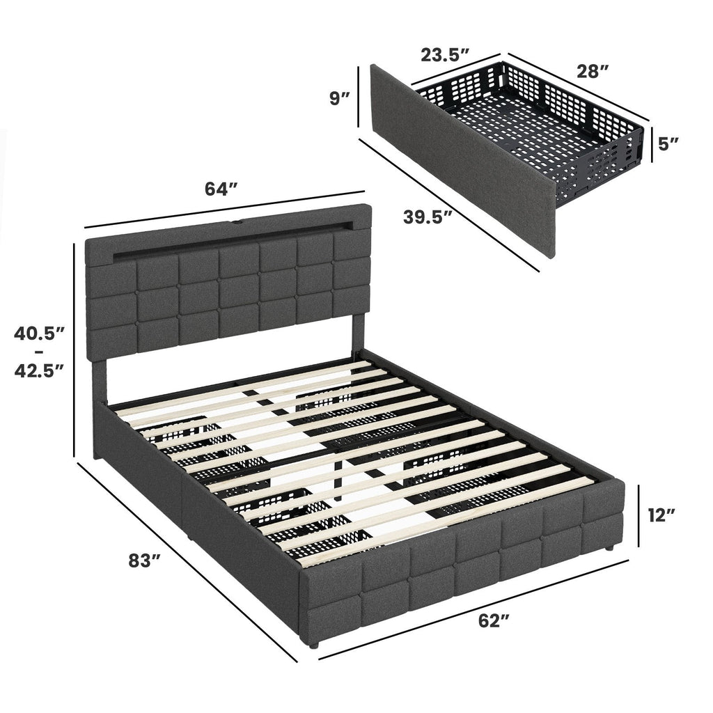 Queen Upholstered LED Bed with 4 Rolling Drawers and Charging Station