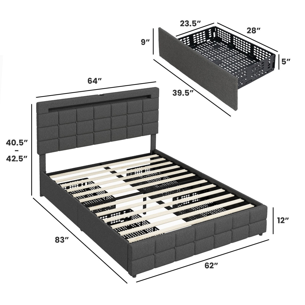 Queen Upholstered LED Bed with 4 Rolling Drawers and Charging Station