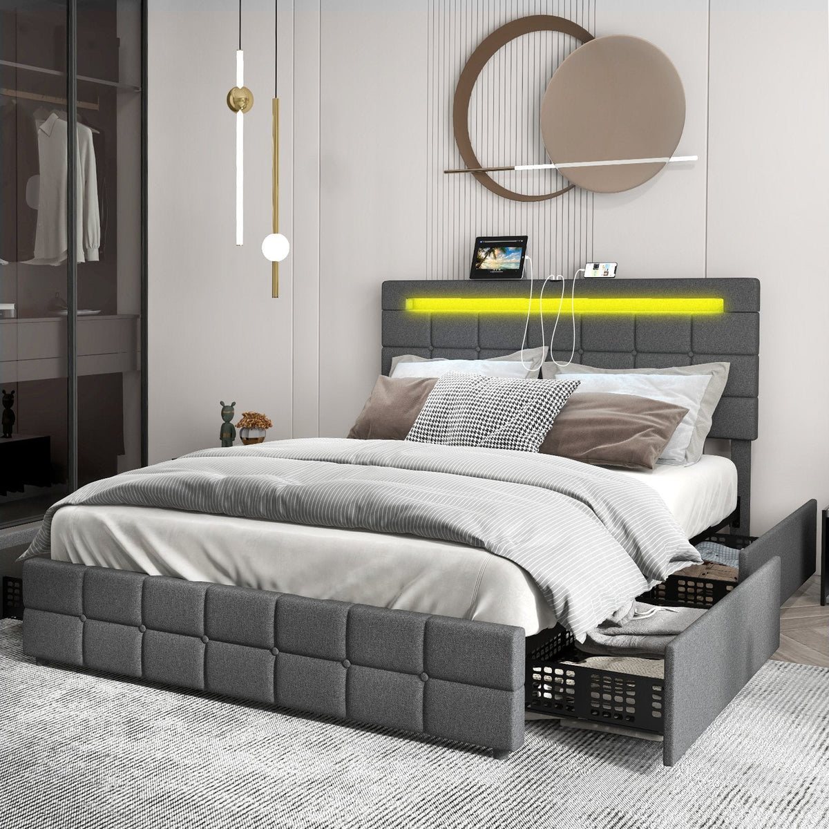 Queen Upholstered LED Bed with 4 Rolling Drawers and Charging Station