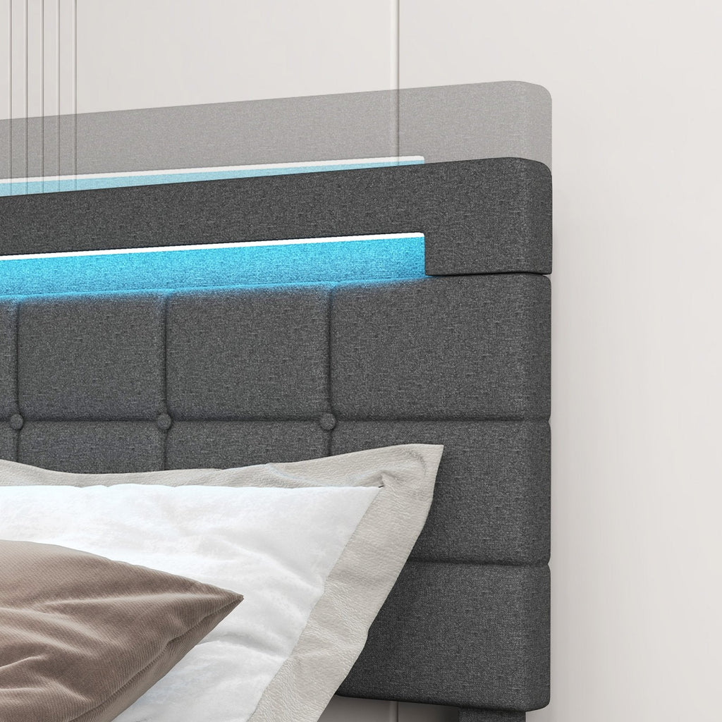 Queen Upholstered LED Bed with 4 Rolling Drawers and Charging Station