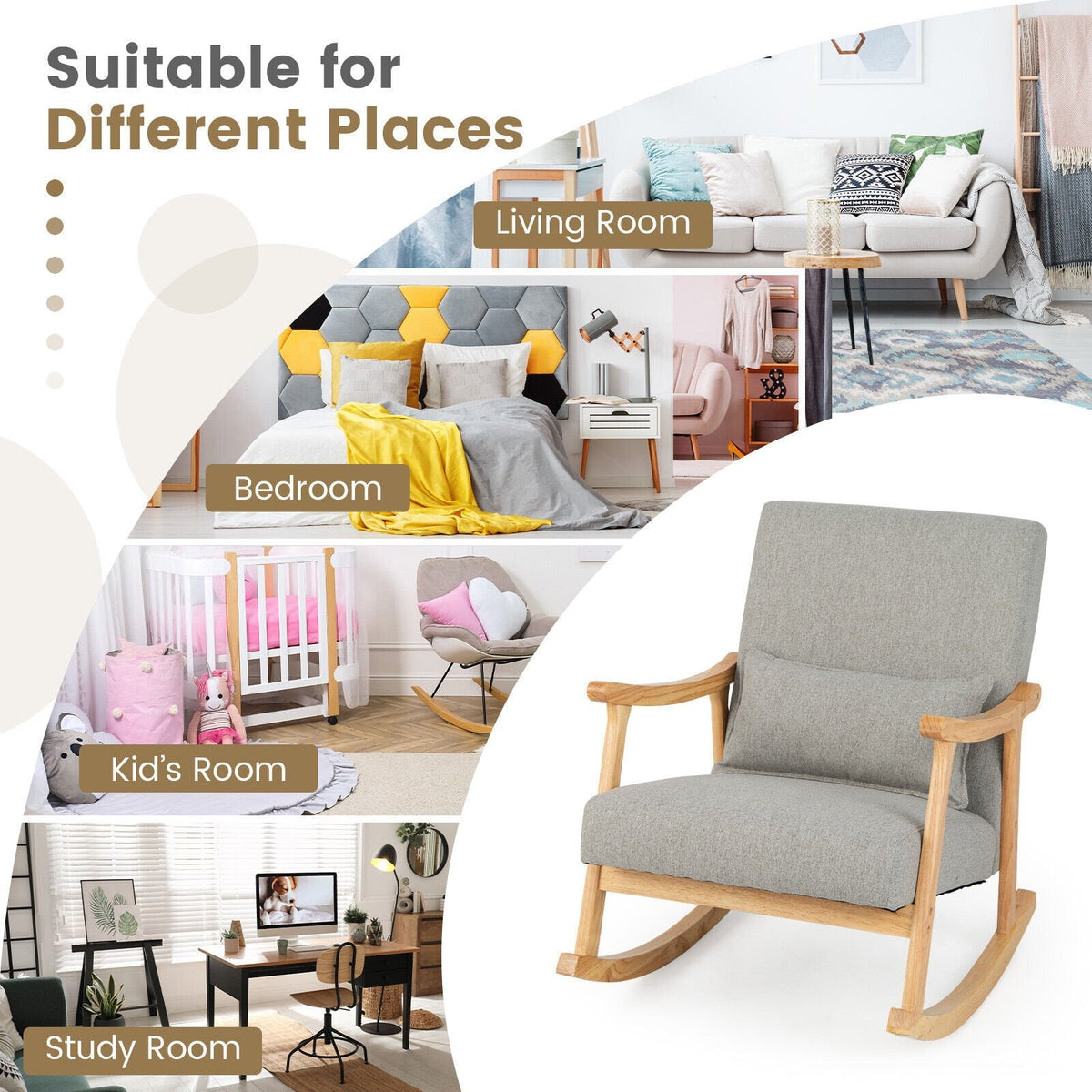 Upholstered Rocking Chair with Pillow and Rubber Wood Frame-Gray