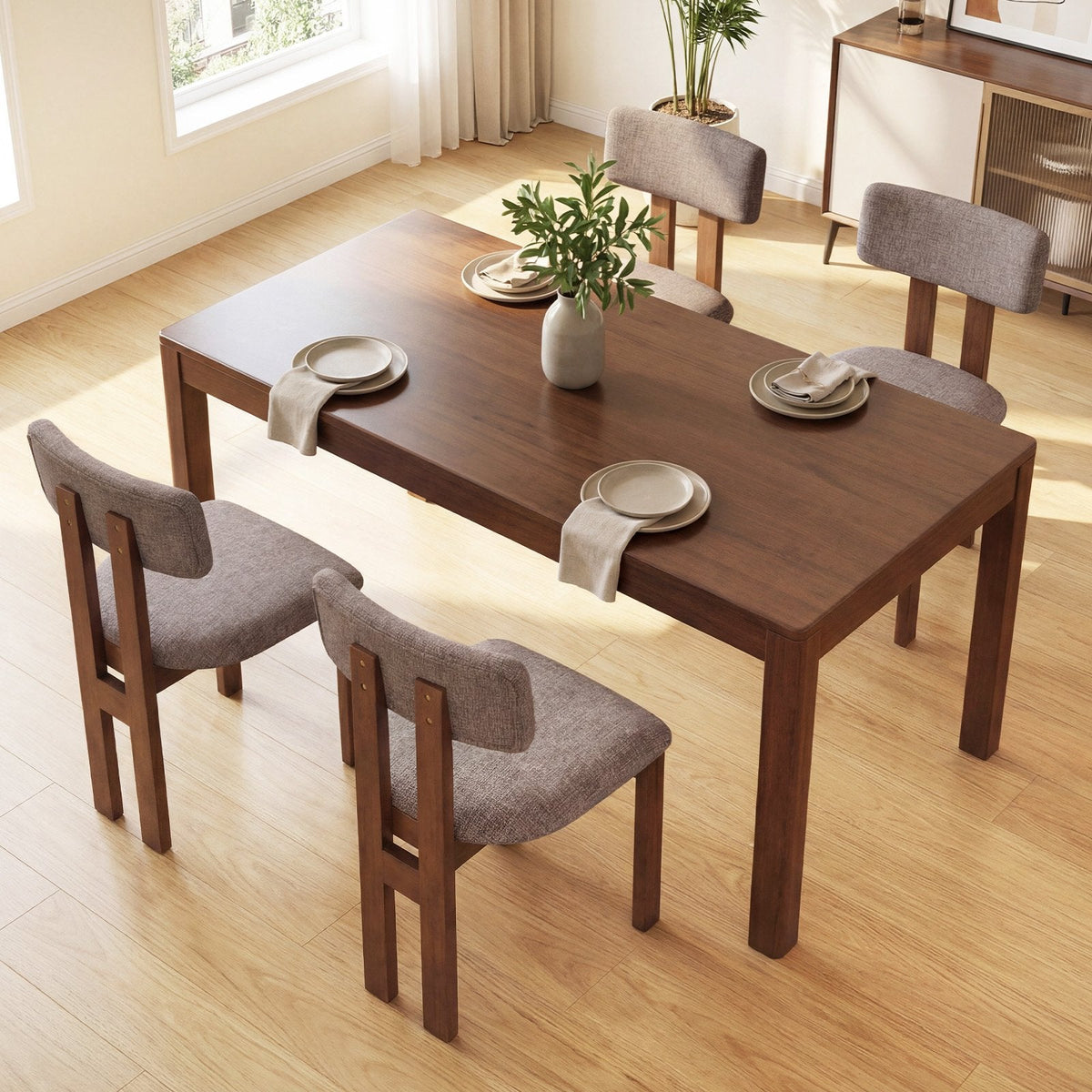 Set of 4 Walnut Dining Chairs with Floating Padded Backrest and Wide Seat
