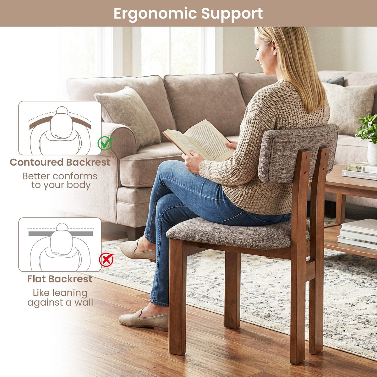Set of 4 Walnut Dining Chairs with Floating Padded Backrest and Wide Seat