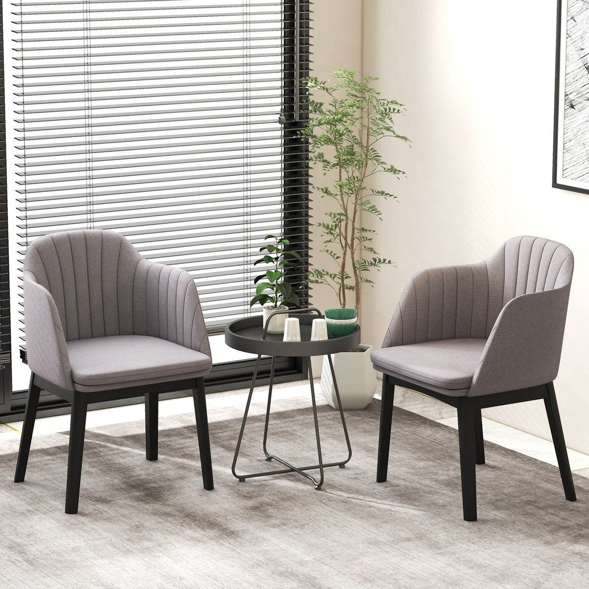 Set of 2 Velvet Armchairs with Channel Stitched Curved Back and Wood Legs, Grey