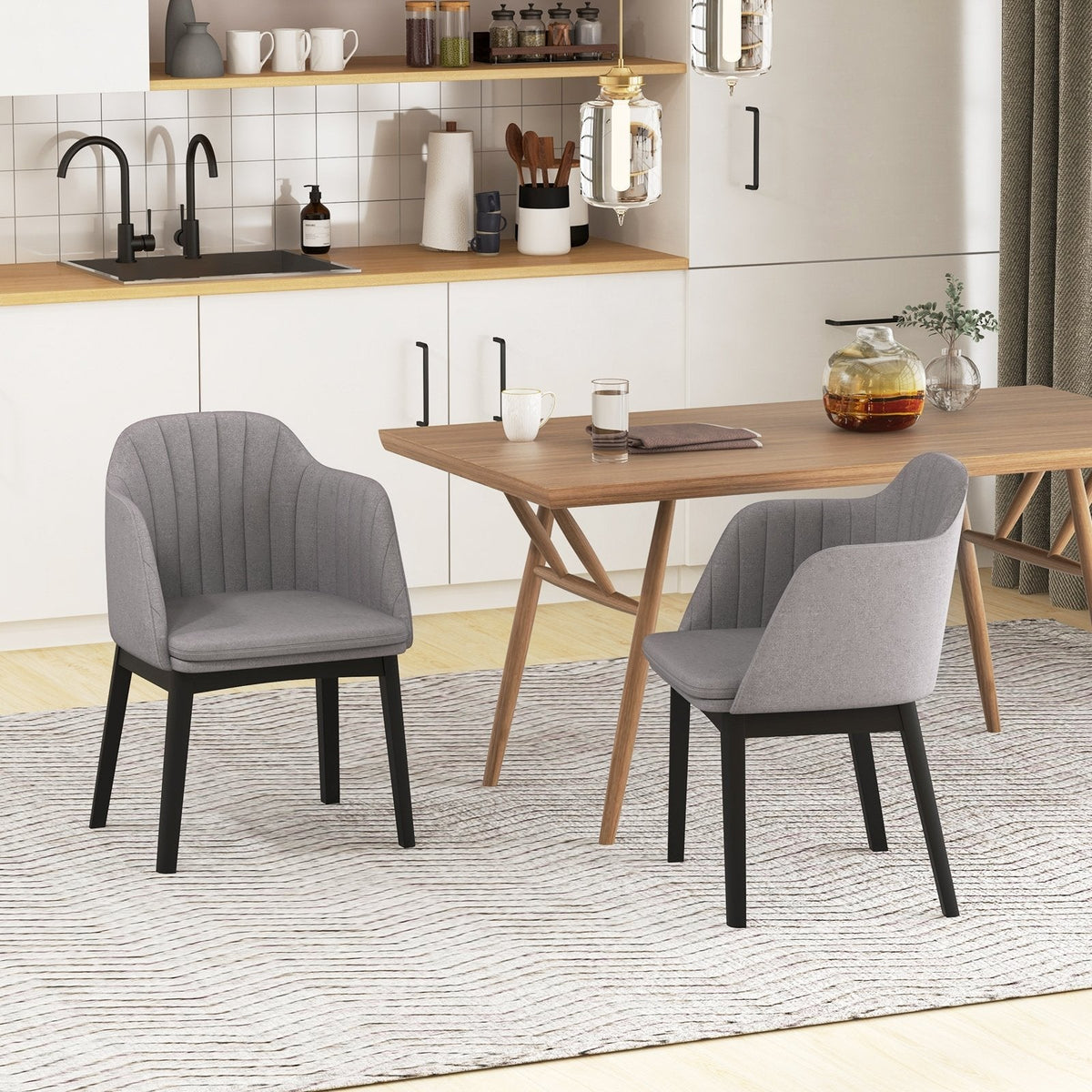 Set of 2 Velvet Armchairs with Channel Stitched Curved Back and Wood Legs, Grey