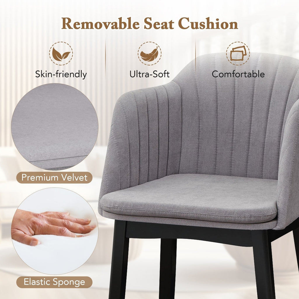 Set of 2 Velvet Armchairs with Channel Stitched Curved Back and Wood Legs, Grey