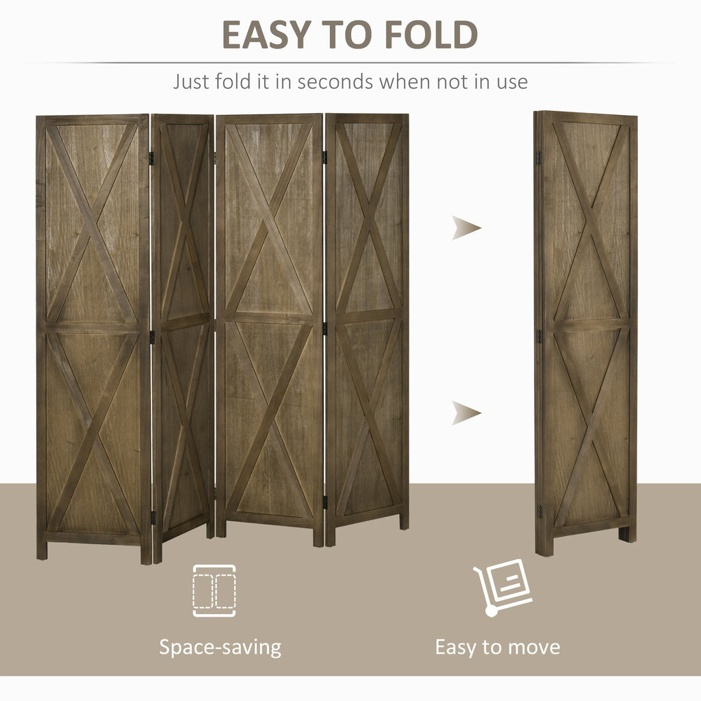 4-panel Wall Partition Farmhouse Room Separator with Foldable Design Wooden Frame 5.6FT, Walnut