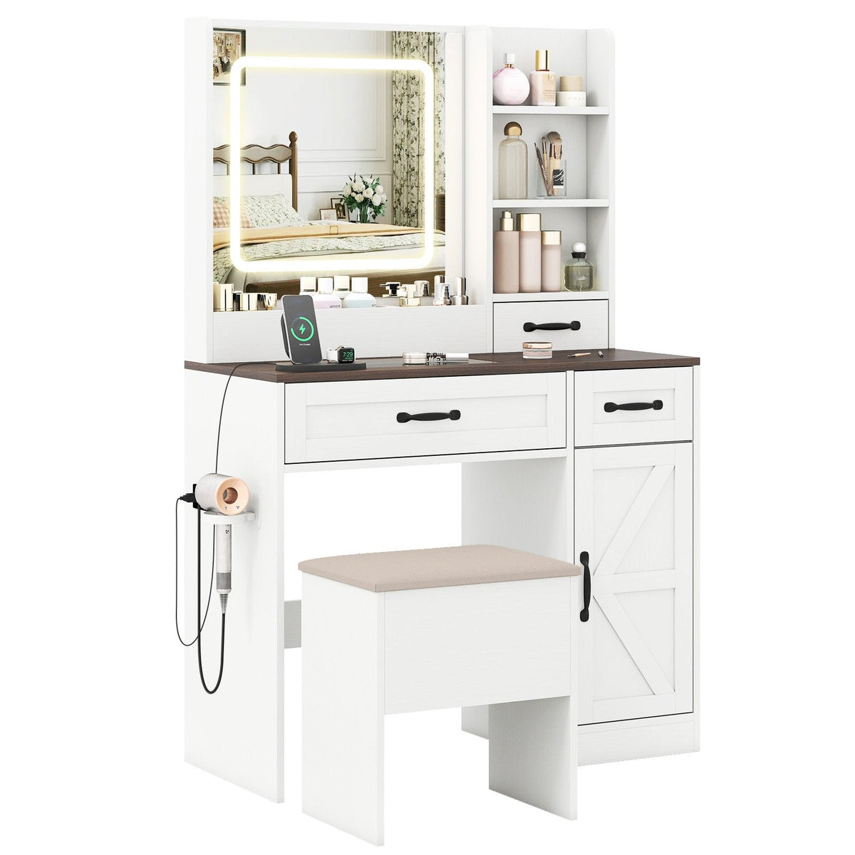 Vanity Desk with Mirror and Lights Farmhouse Makeup Dressing Table-White