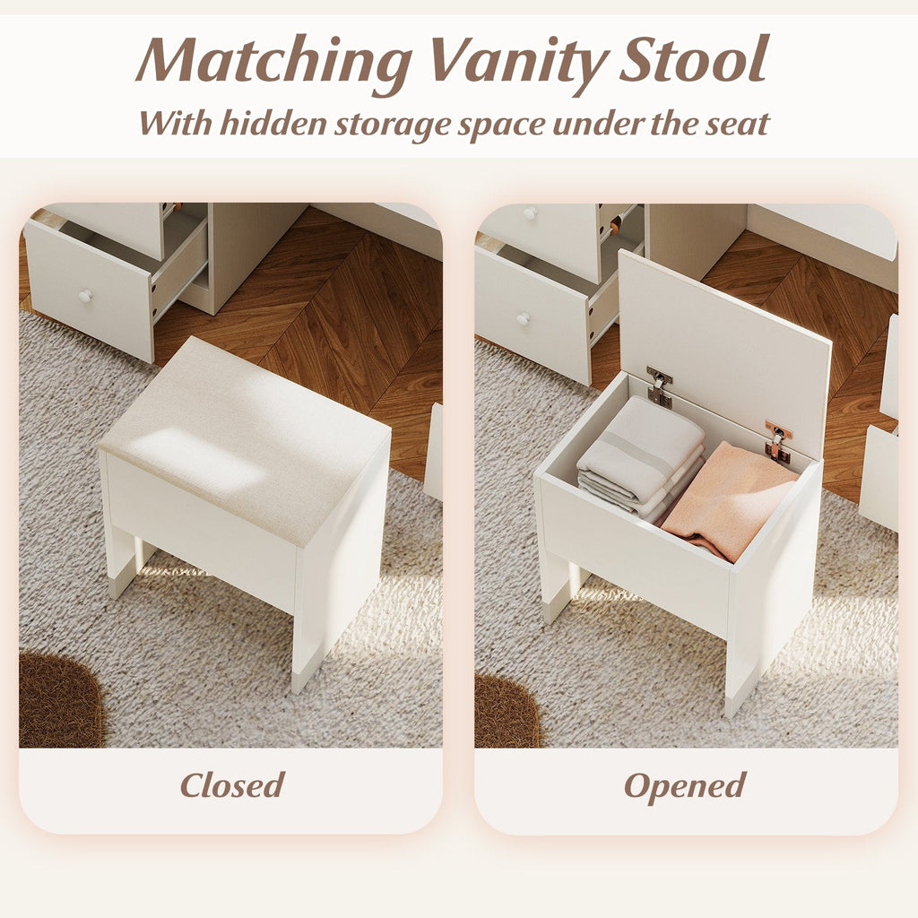 Vanity Desk with Mirror and Lights Makeup Dressing Table Vanity Table and Stool Set-White