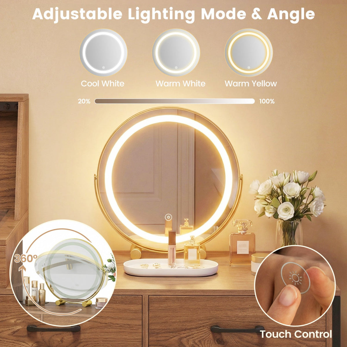 Vanity Desk with Mirror & Lights with Ring Slots & Necklace Hooks for Makeup-Natural & White