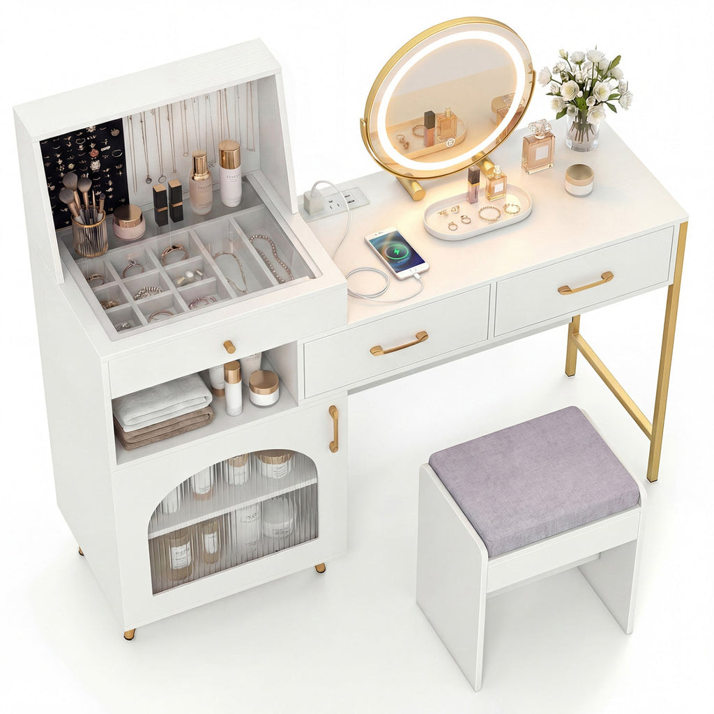Vanity Desk with Mirror & Lights with Ring Slots & Necklace Hooks for Makeup-White