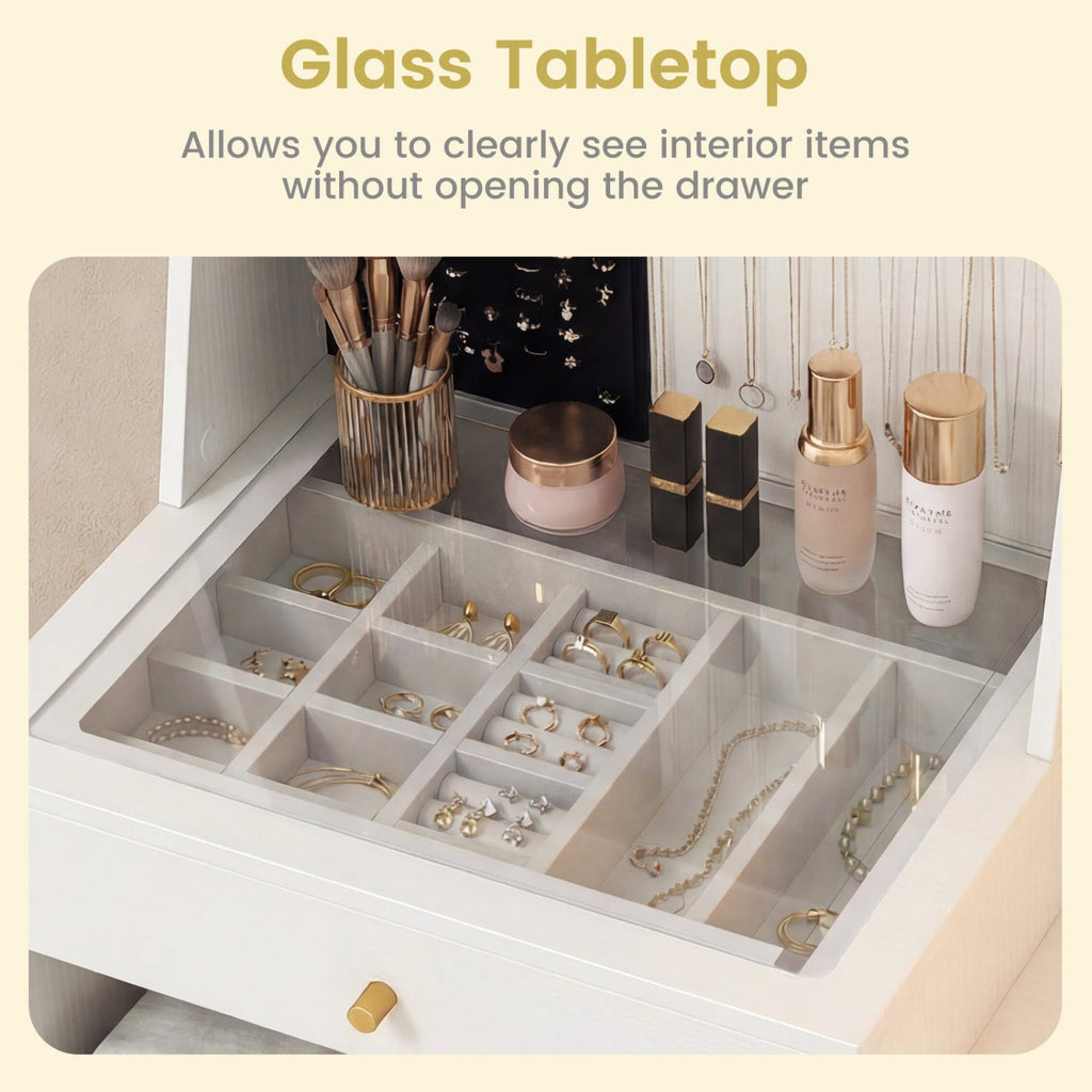 Vanity Desk with Mirror & Lights with Ring Slots & Necklace Hooks for Makeup-White
