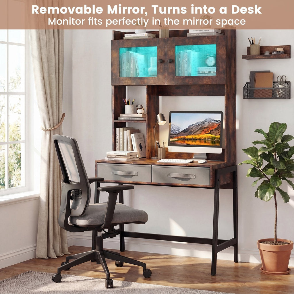 Vanity Desk with Rotatable Mirror and Lights Modern Dressing Table with 3 Light Colors-Brown