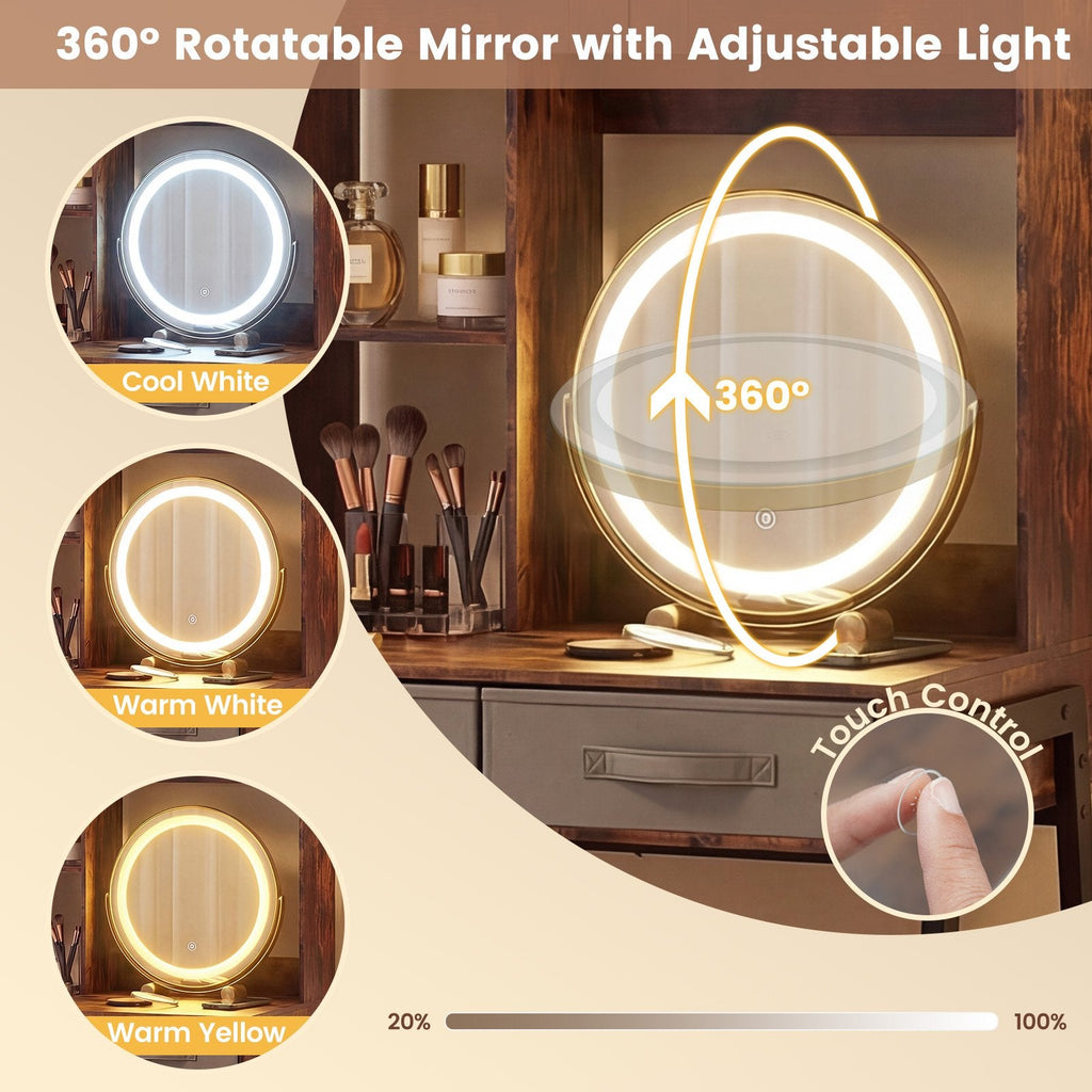 Vanity Desk with Rotatable Mirror and Lights Modern Dressing Table with 3 Light Colors-Brown