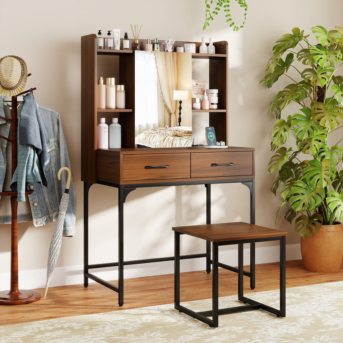 Vanity Desk with Storage Drawers and Charging Station-Walnut